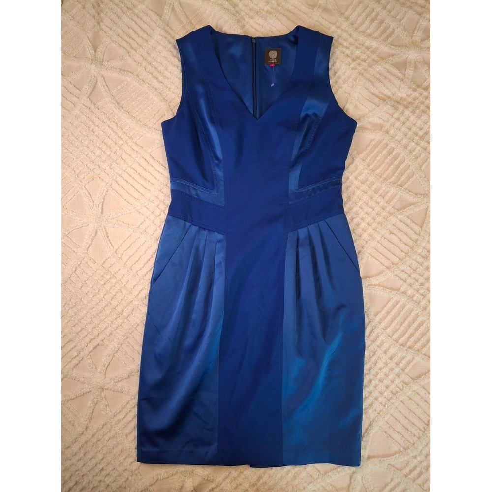 Vince‎ Camuto Womens 8 Sheath Dress Blue Iris Satin Panel V-Neck Pockets NWT
